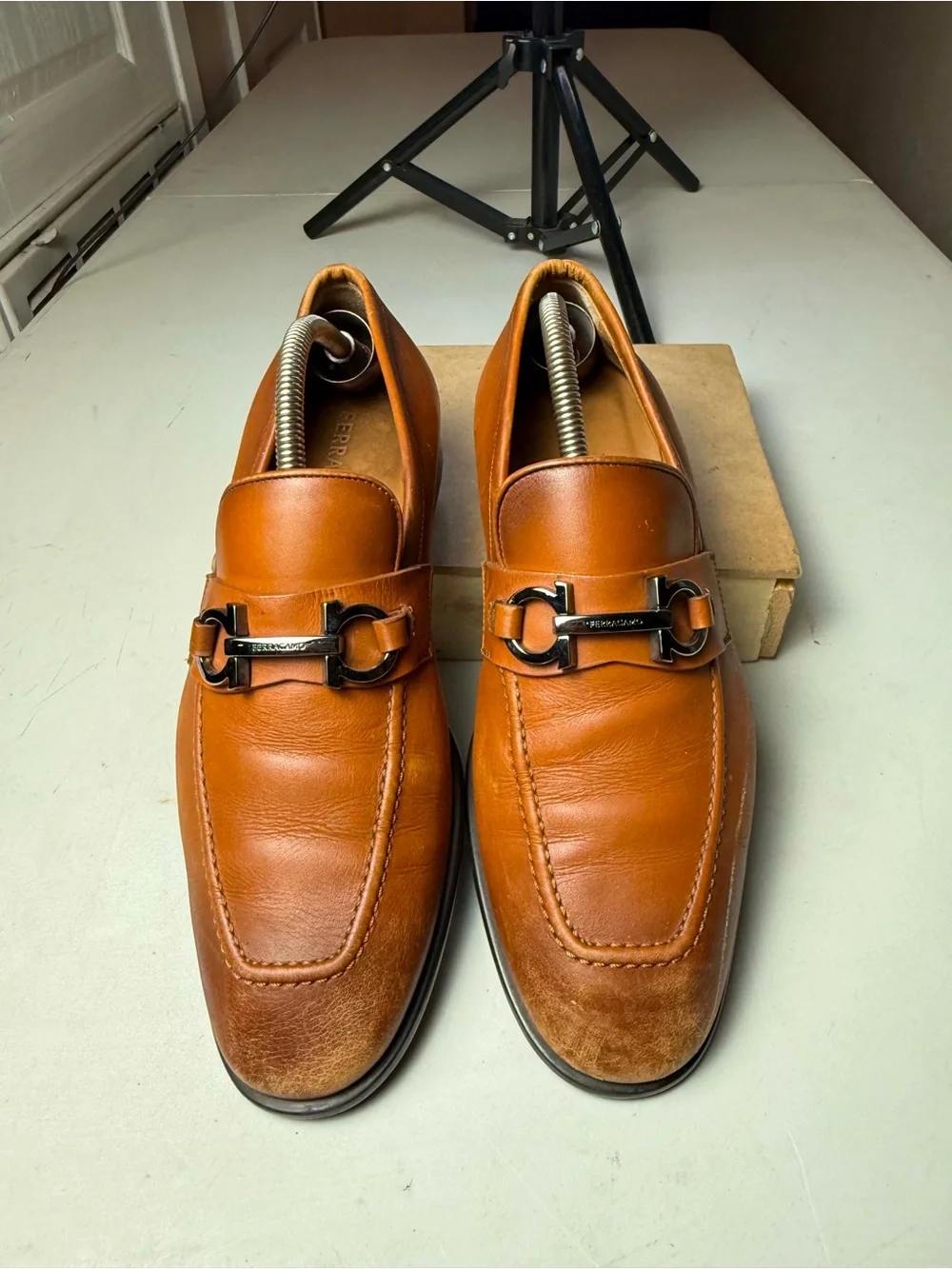 Ferragamo Loafers FORT Gancini Cocoa Brown Leather Men's Dress Slip-on Sz 7.5 EE